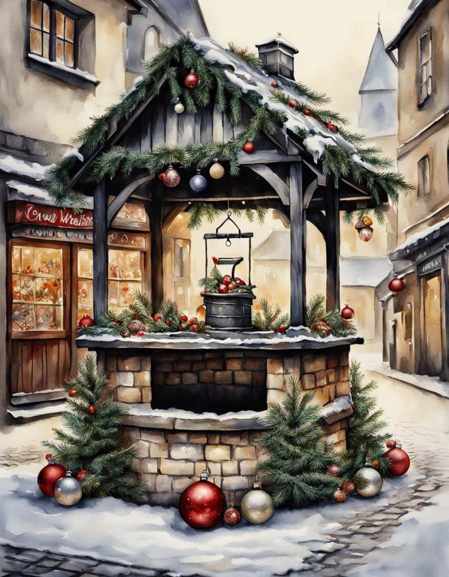 Christmas Wishing Well in Cobbled Market, Watercolour
