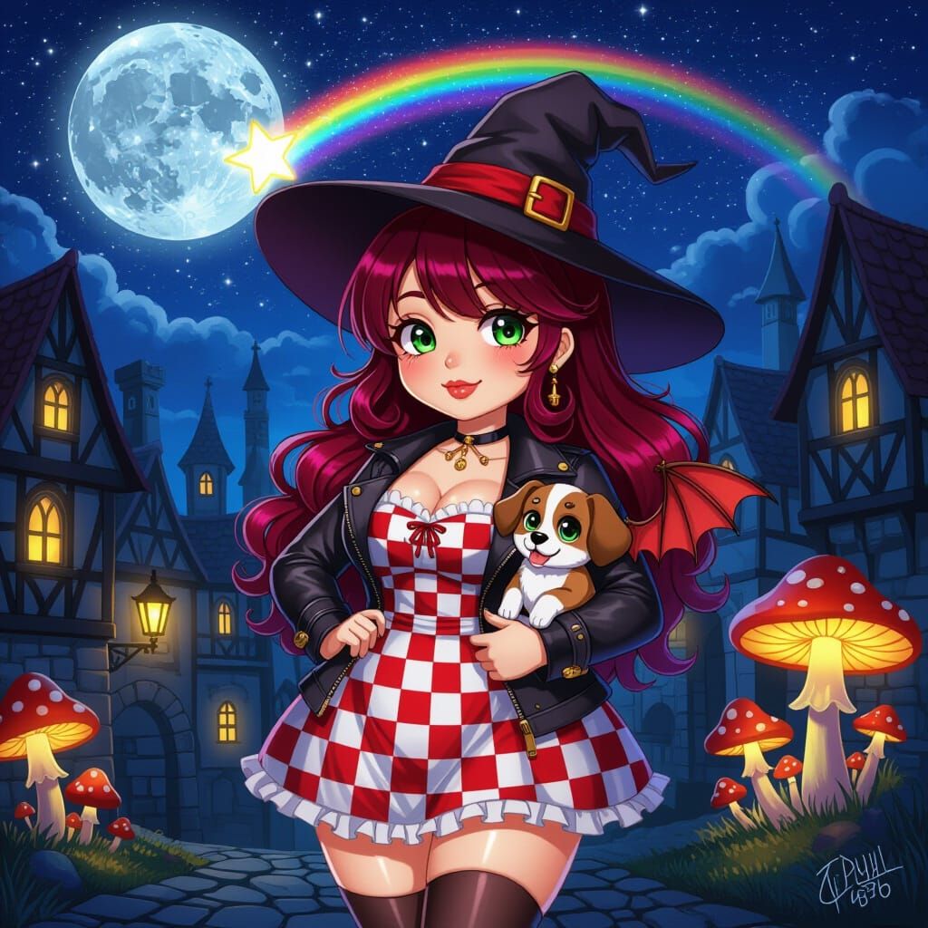 Anime Witch with Bat-Winged Puppy in Autumn City