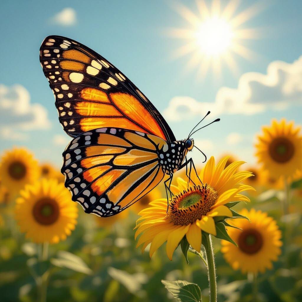 Majestic Butterfly in Sunlit Sunflower Field