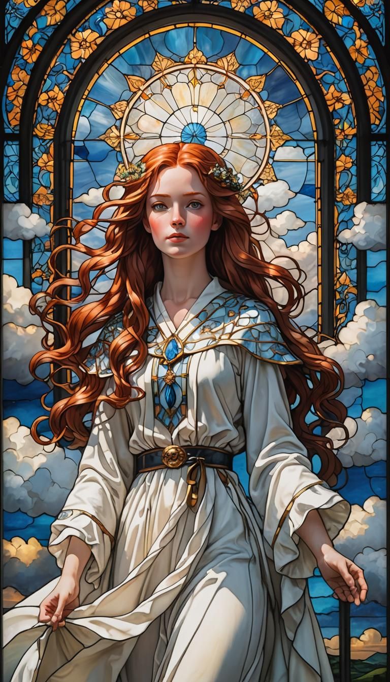 Stained Glass Portrait: Red-Haired Princess on Clouds