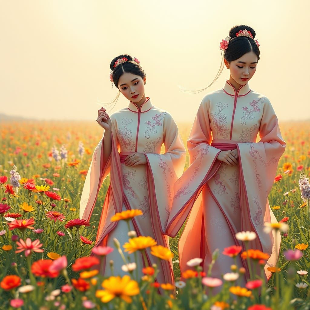 Elegant Hanfu Ladies in a Vibrant Floral Wonderland