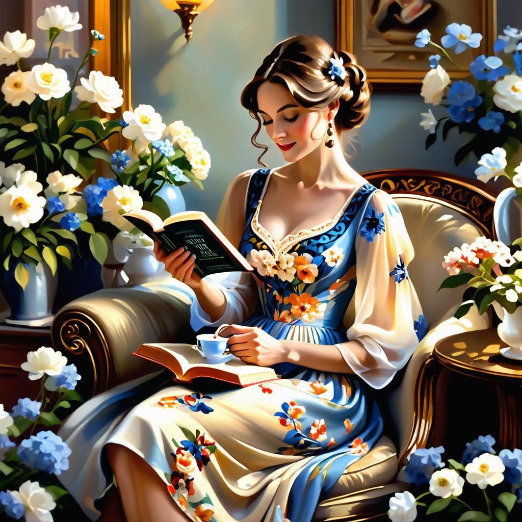 Art Nouveau Woman Reading in Floral Room