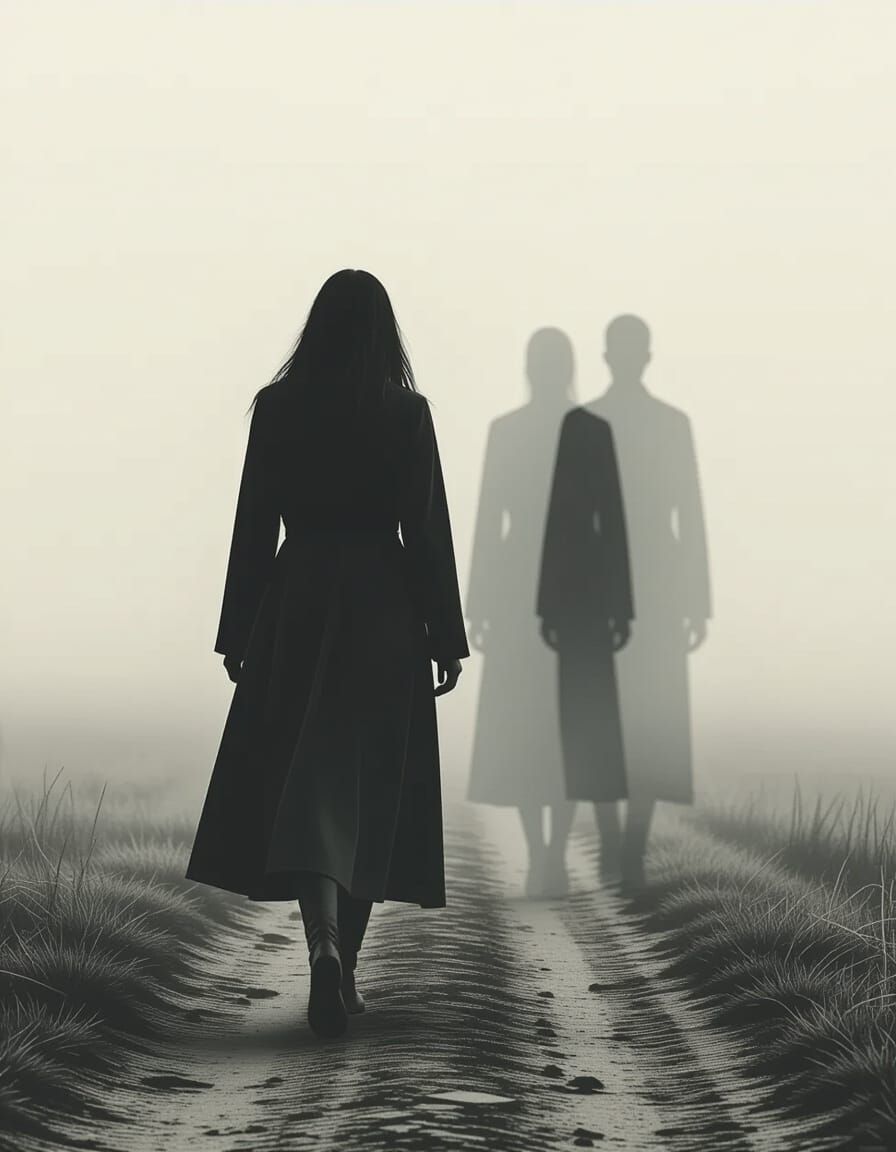 Eerie Woman Walking into Void in Surreal Style