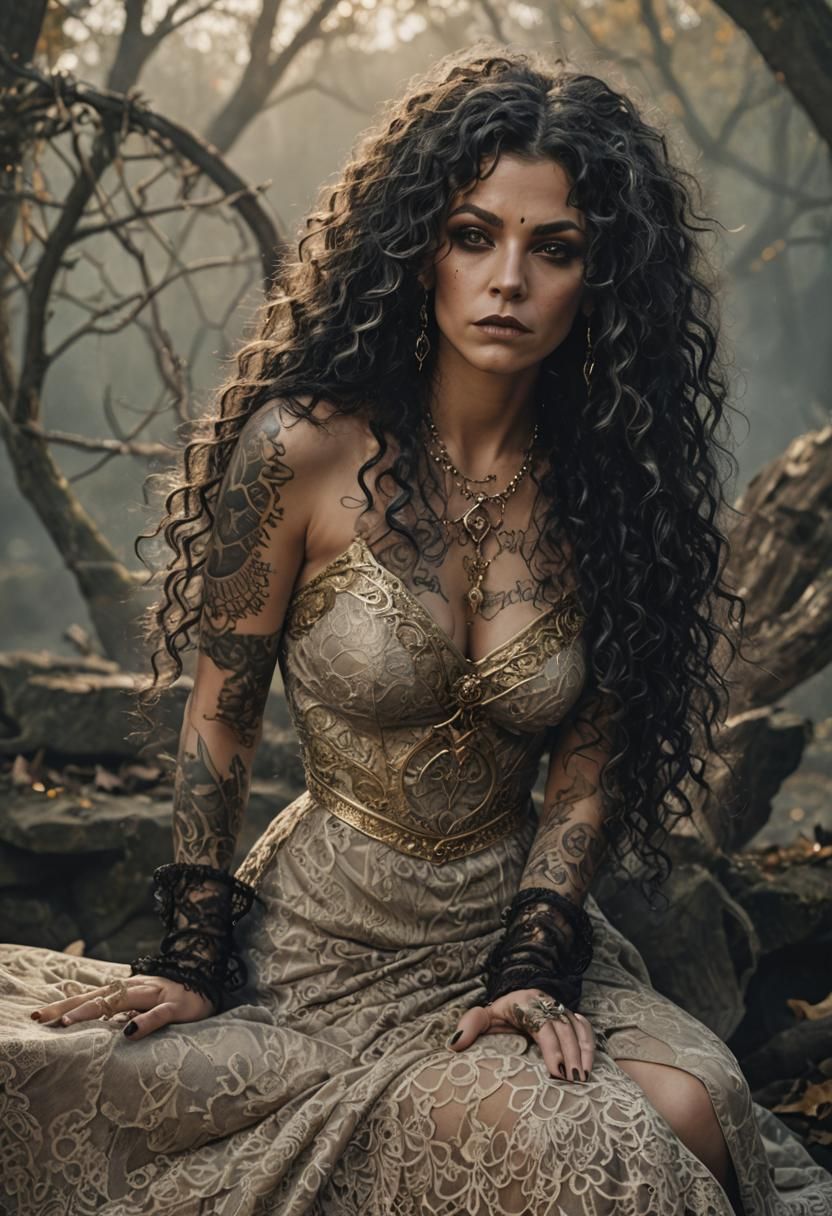 Enigmatic Witch with Tattoos in Flowing Golden Lace