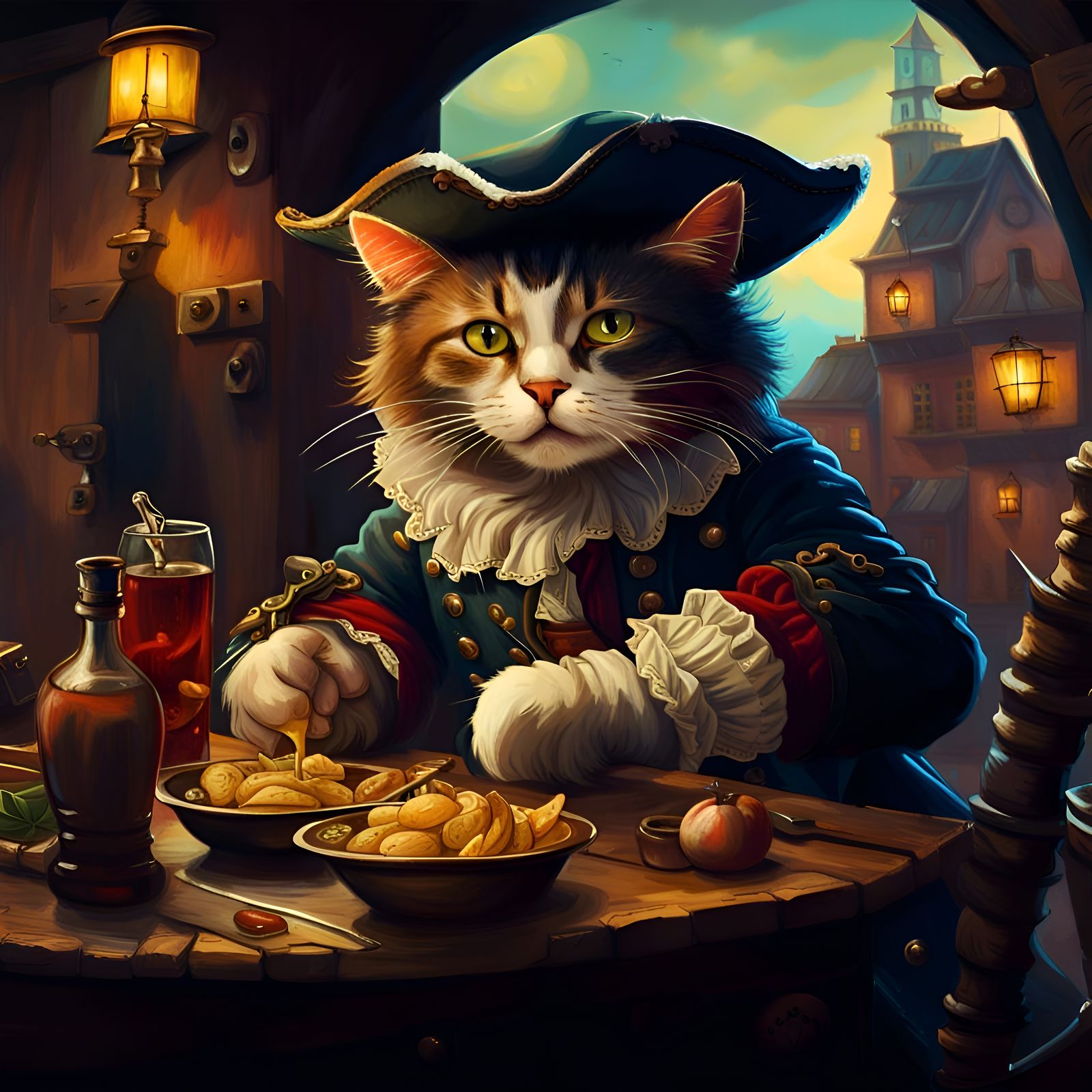 Pirate Cat Dinner in Harbour Tavern as Oil Painting