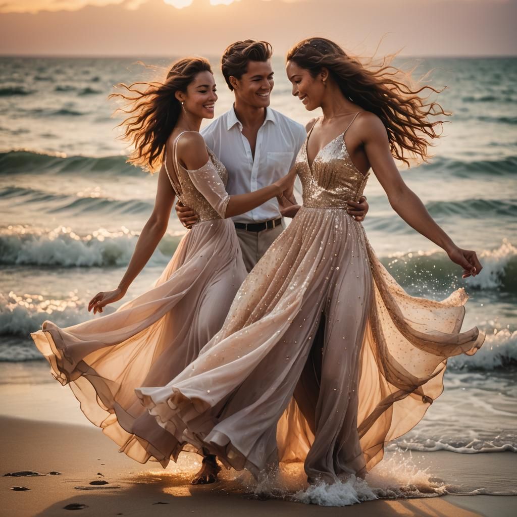 Romantic Beach Dance: High-Fashion Portrait in Pastel Hues