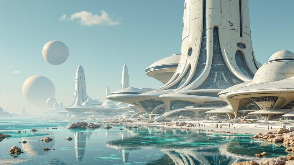 Futuristic Alien Cityscape on Ocean Shore