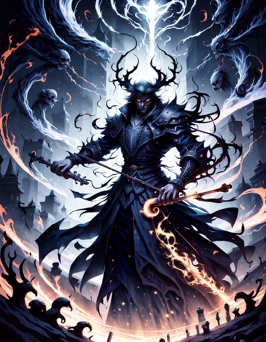 Demonic God Plays Violin With Ethereal Glow in Anime Style