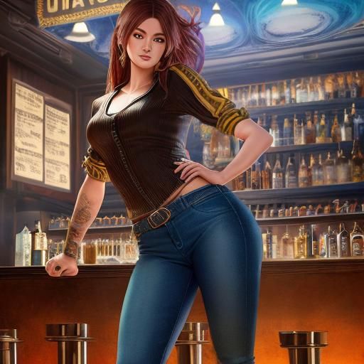 Beautiful Bartender in Detailed Digital Matte Painting
