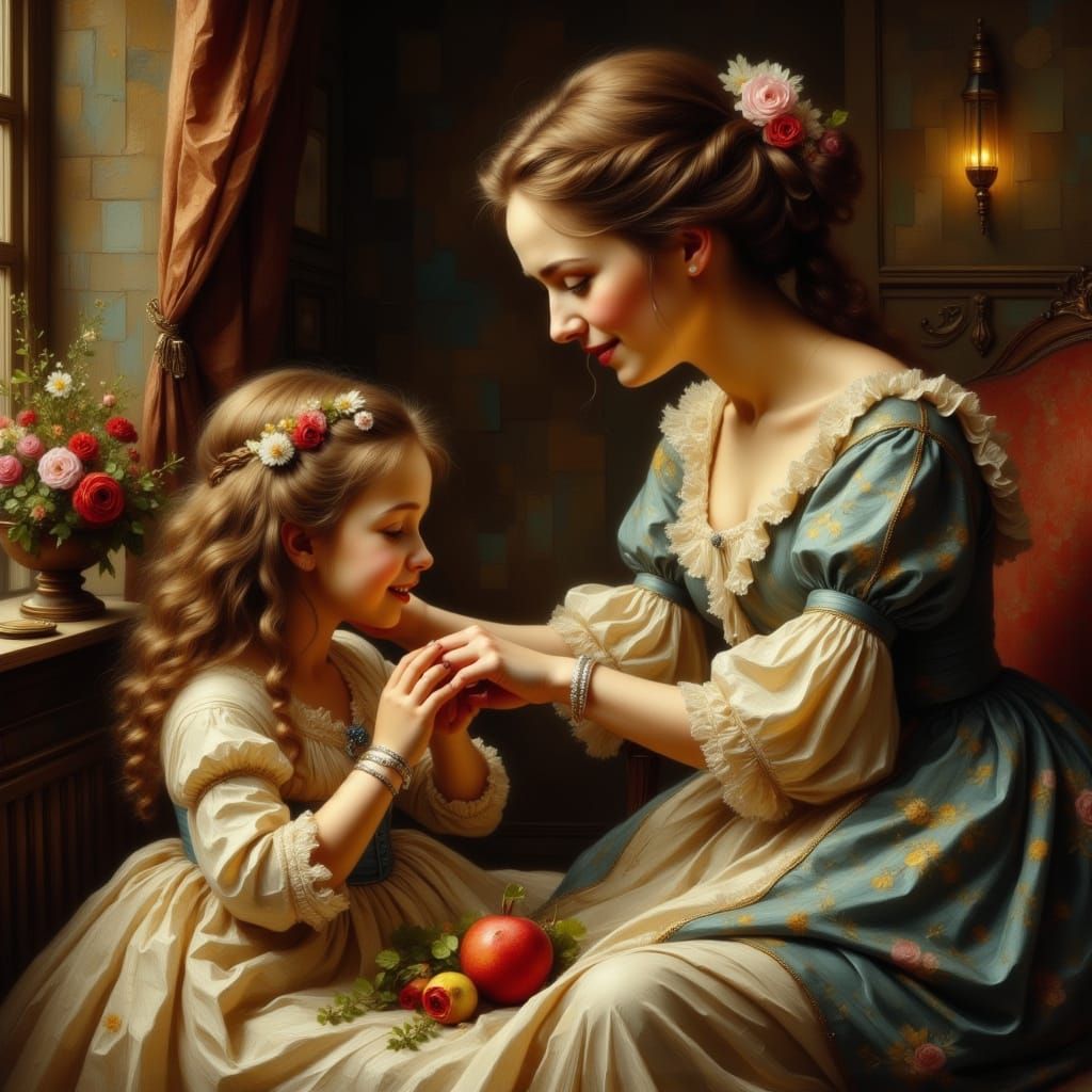 Motherly Tenderness in Oil Painting
