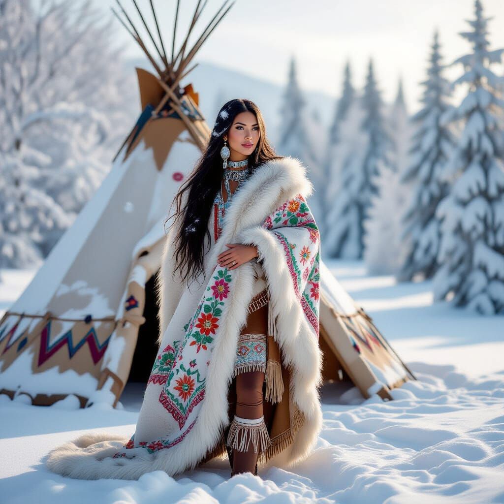 Serene Indigenous Woman in Winter Landscape, Digital Art