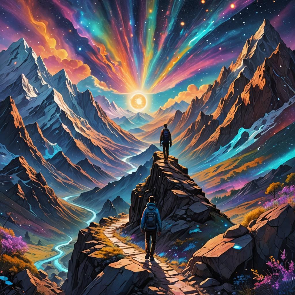 Cosmic Mountainscape in Holographic Astral Illustration
