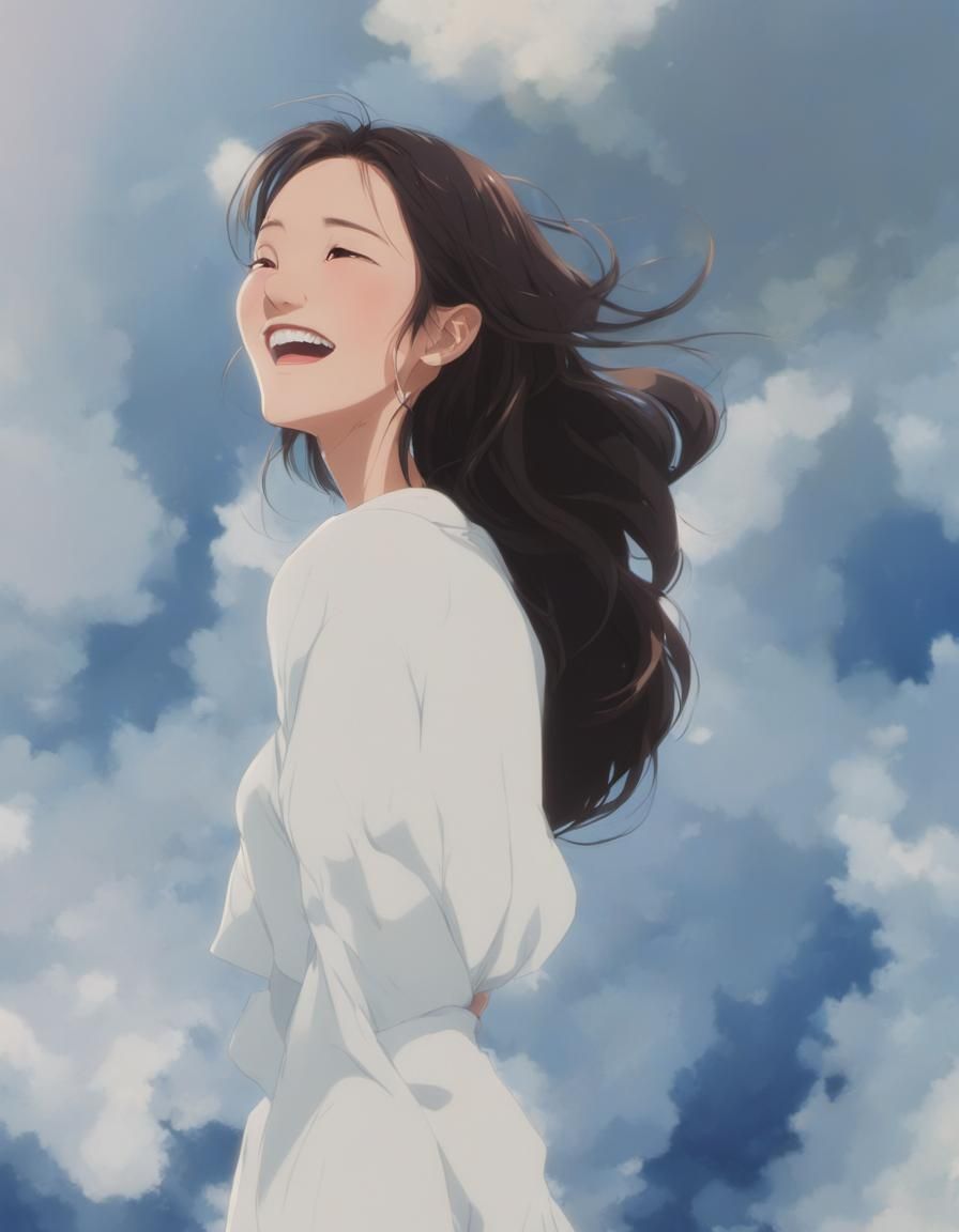 Anime Woman's Laughing Face in Studio Ghibli Style