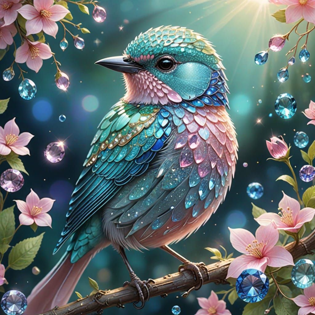 Sparkling Mint-Pink Bird Portrait with Golden Filigree