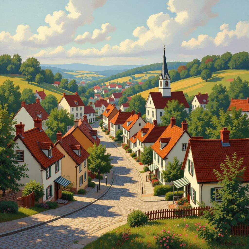 Idyllic Small Town Valley Landscape Painting