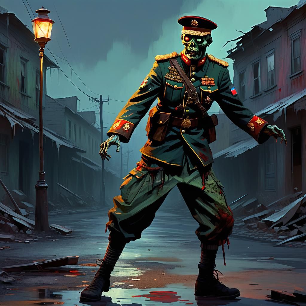 Zombie Soldier Hopak Dance in Dark Fantasy Oil Painting