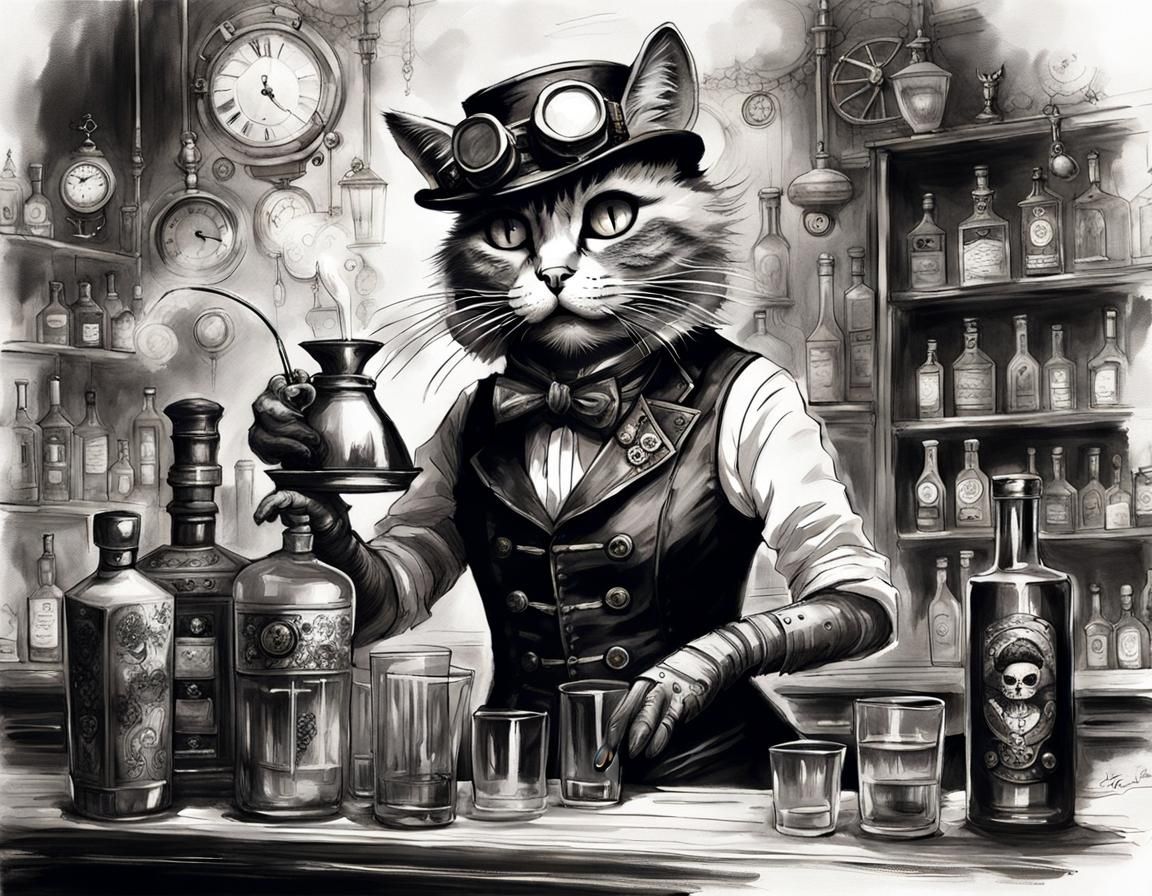 Steampunk Bartender Cat Serves Mouse Customers