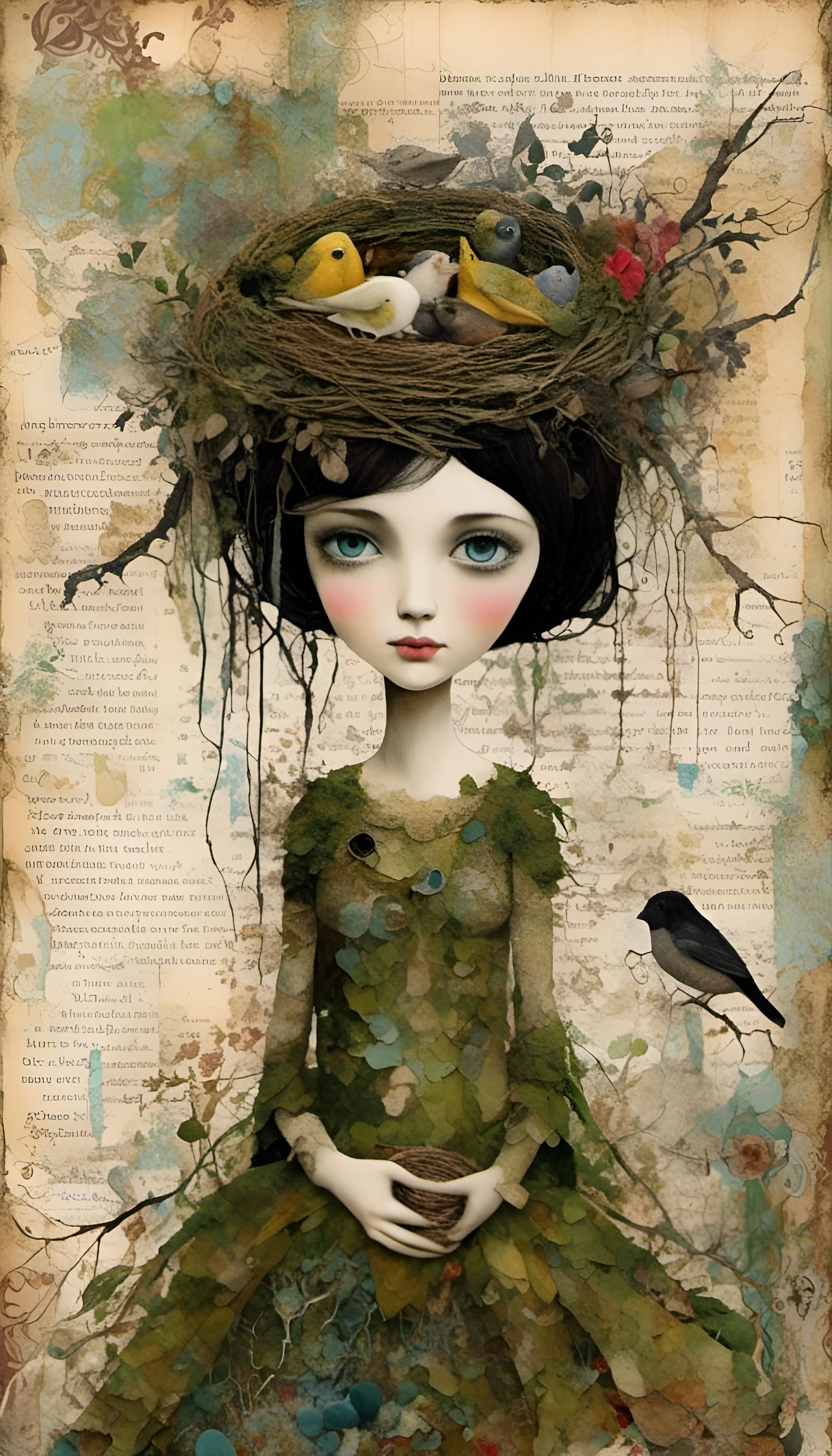 Gothic Moss Princess with Bird Nest Collage