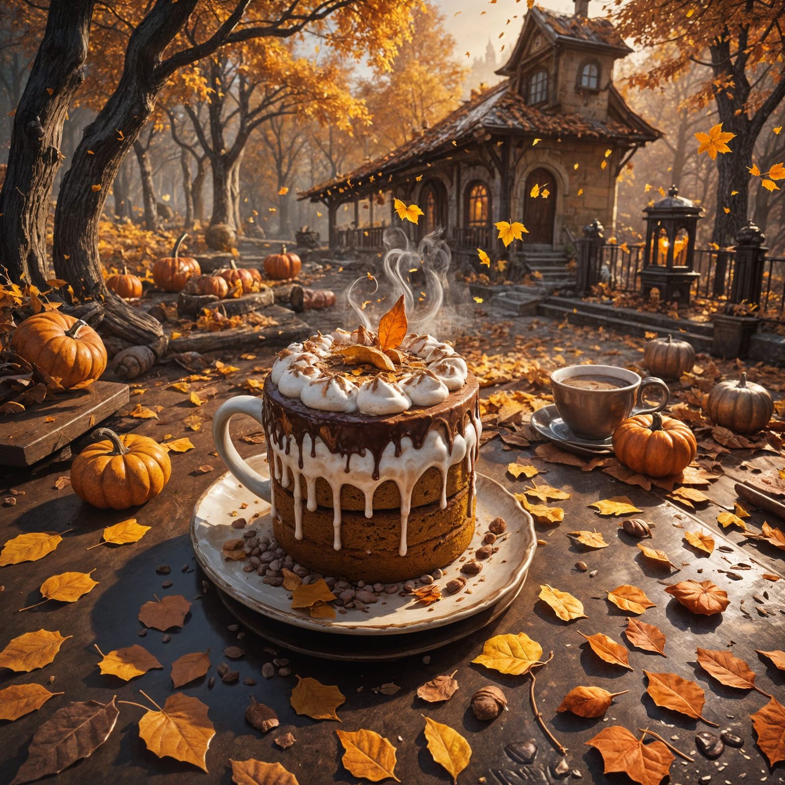 Autumnal Still Life with Pumpkin Cake in Detailed Fantasy Ar...