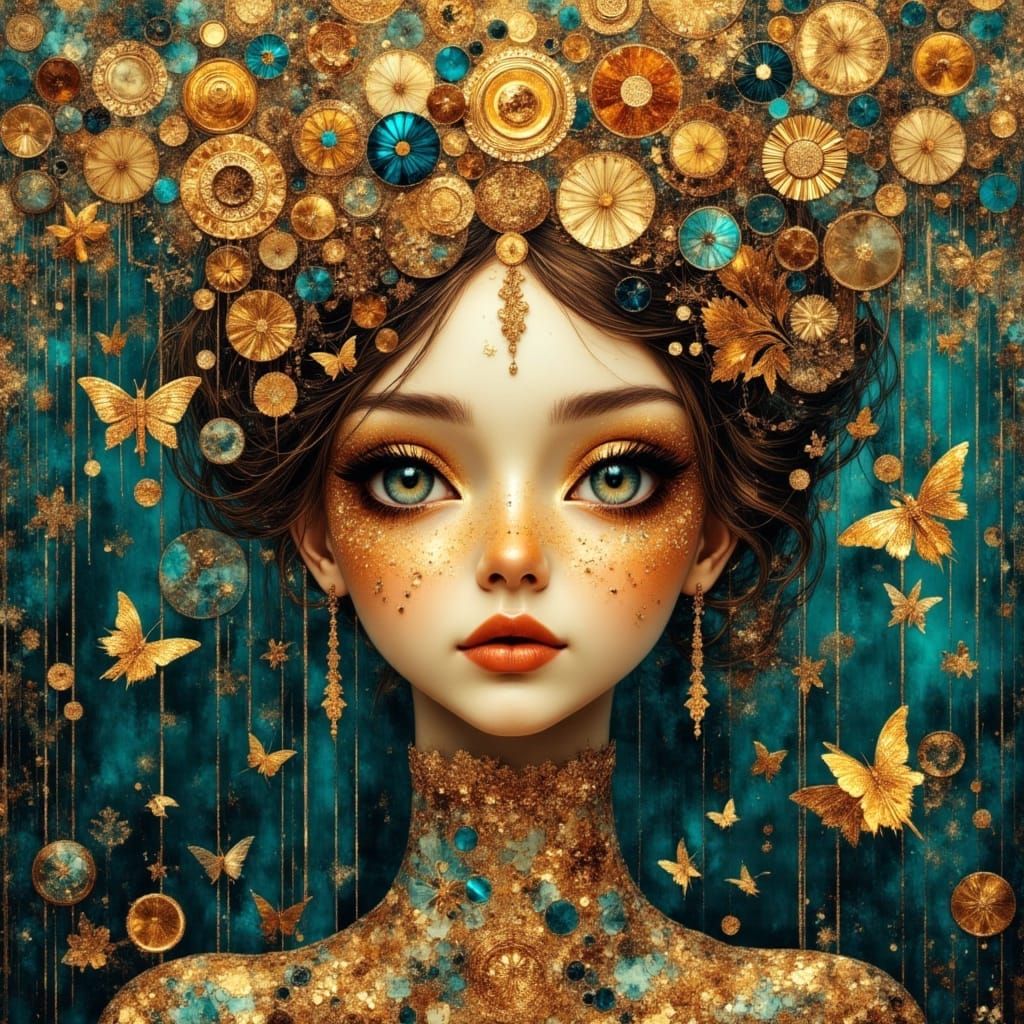 Luminous Surreal Portrait with Mosaics and Metallics