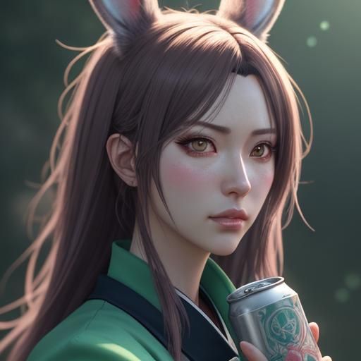 Anime Girl Drinking Beer with Green Hare