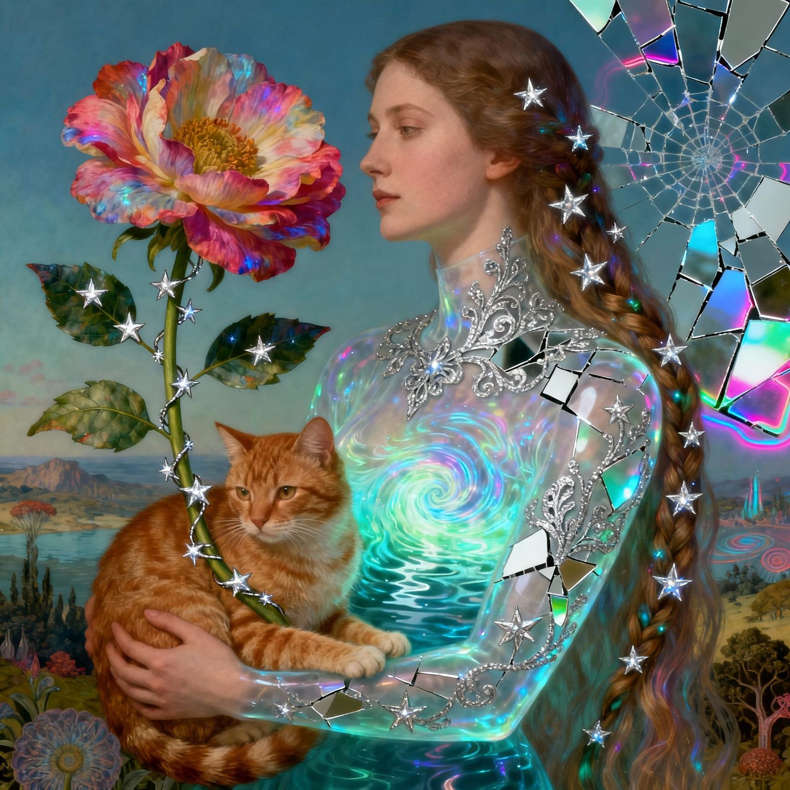 Translucent Woman with Cat Amidst Ethereal Water and Stars