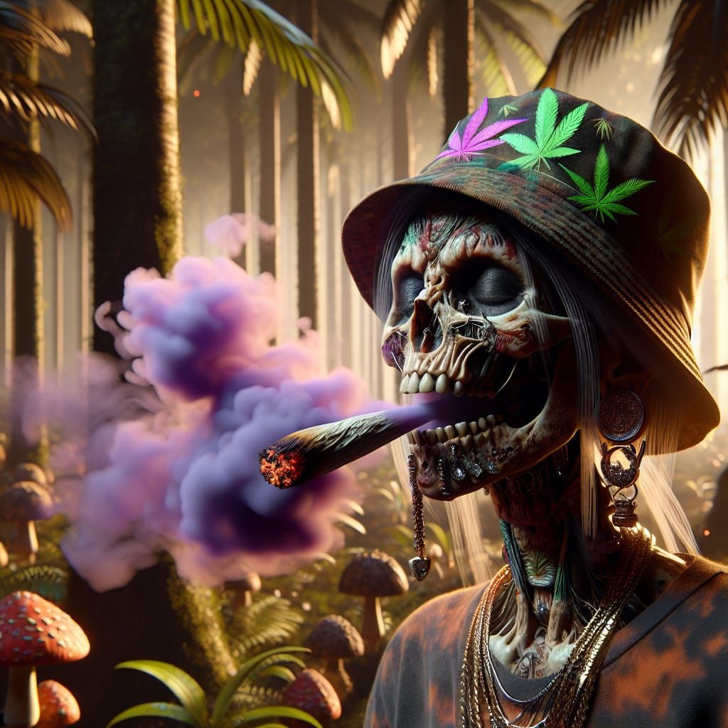 Zombie Woman Smoking in Mushroom Forest