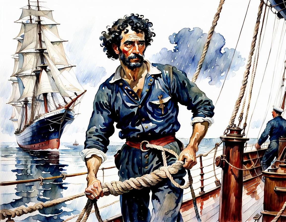 Greek Sailor Hauling Rope on Rainy High Seas