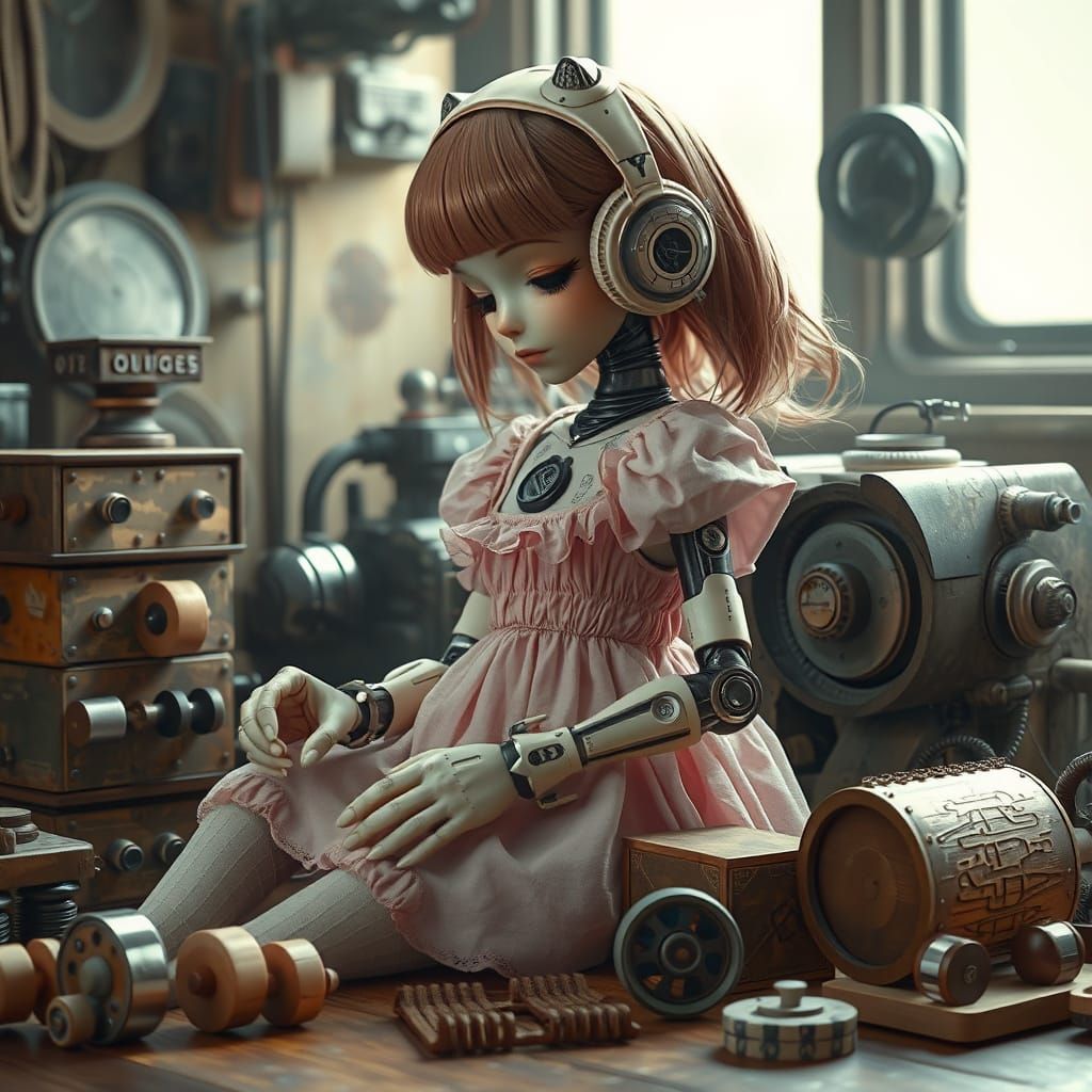 Cute Hyperrealistic Cyborg Playing With Toys