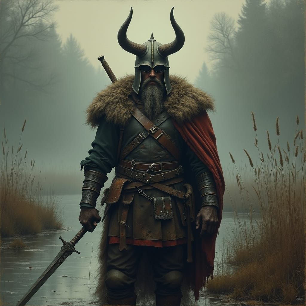 Batavian Warrior in Misty Delta, Oil Painting Style