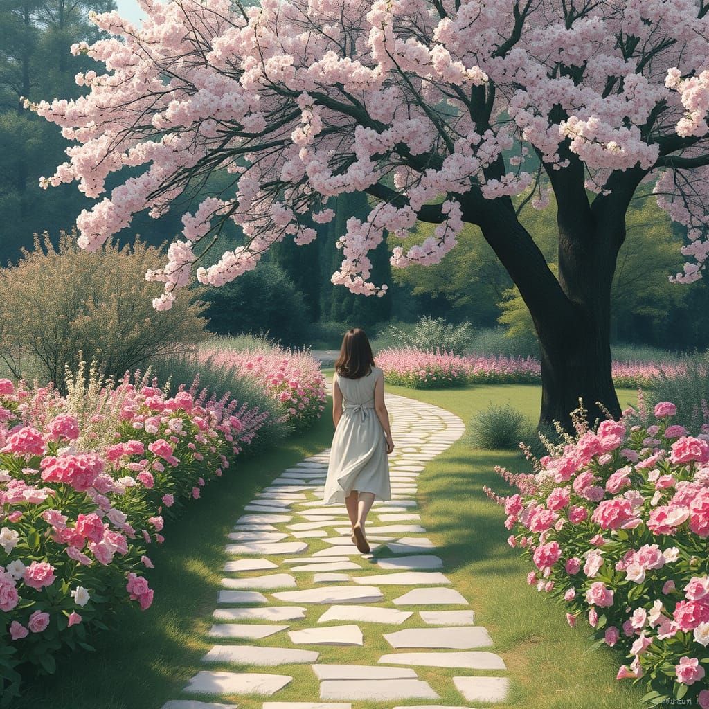 Woman in Lush Garden, Impressionistic Style