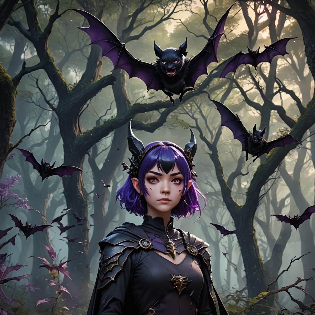 Anime Bat Girls in Dark Forest: Fantasy Concept Art