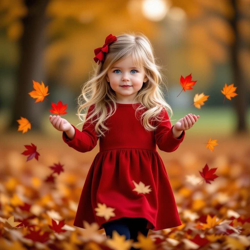 Child in Red Dress Amidst Autumn Leaves