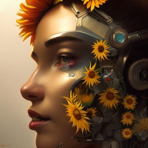 Cyborg Woman Portrait with Sunflowers