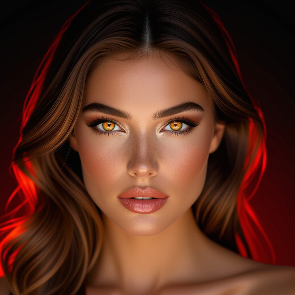 Beautiful Woman With Piercing Orange Eyes In Dramatic Lighti...