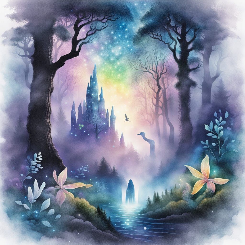 Ethereal Spirit in Iridescent Forest: A Watercolor Pointilli...