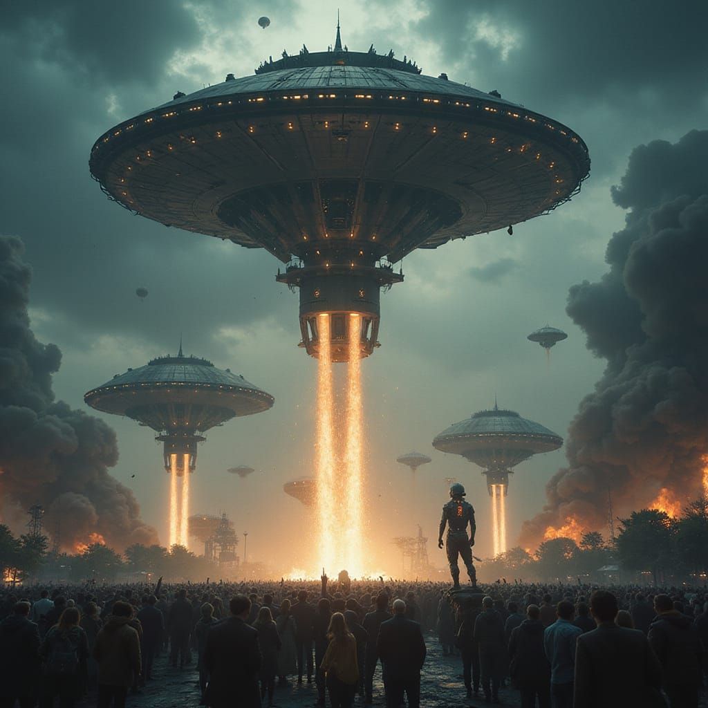 Dramatic Sci-Fi Invasion Scene with Futuristic Spaceships an...