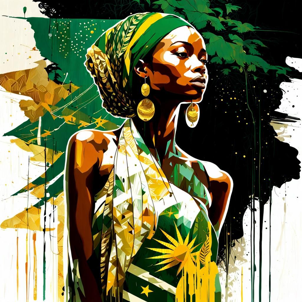 Double Exposure Portrait of African Woman in Gold and Green