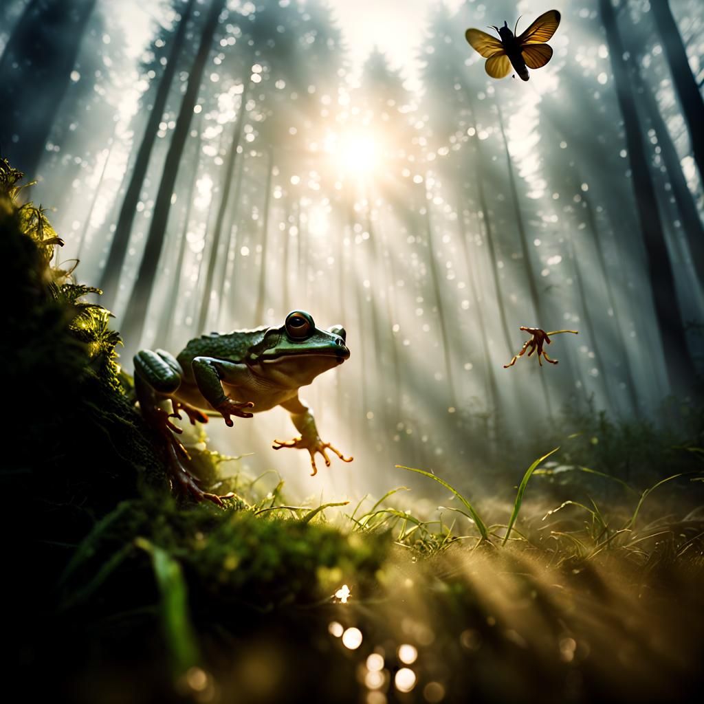 Cinematic Frog Leaps for Fly in Misty Forest
