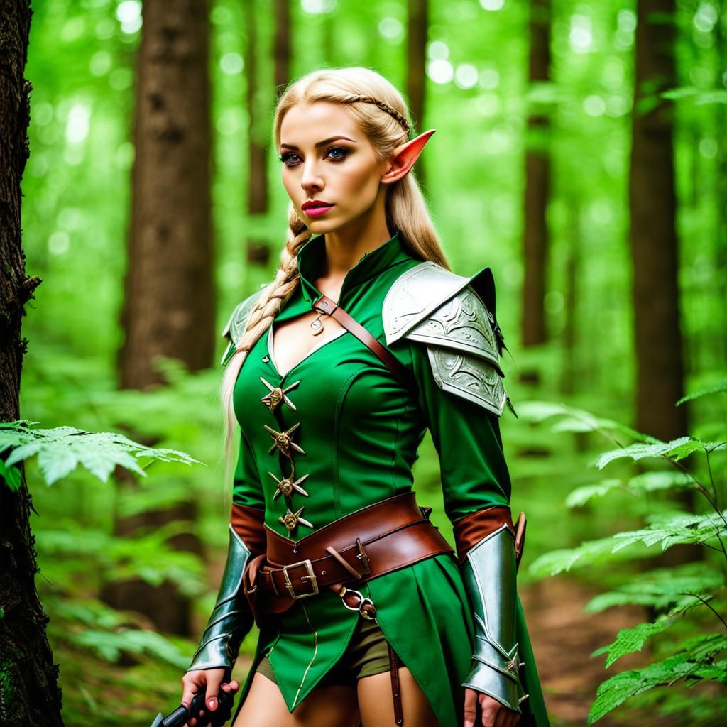 Female Elf Ranger Hunting in Fantasy Forest