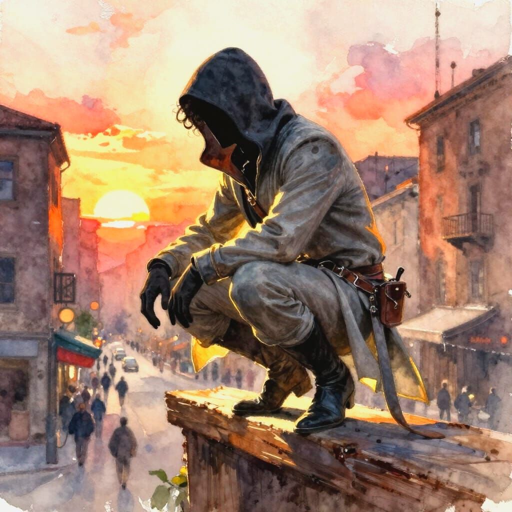 Elegant Assassin Crouched Above City at Sunset Watercolor