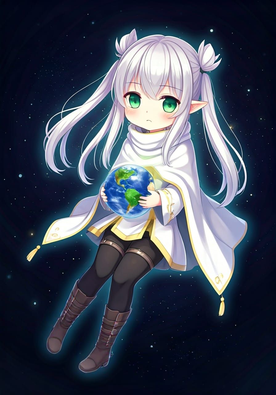 Chibi Elf Girl Floating in Space: Anime Style