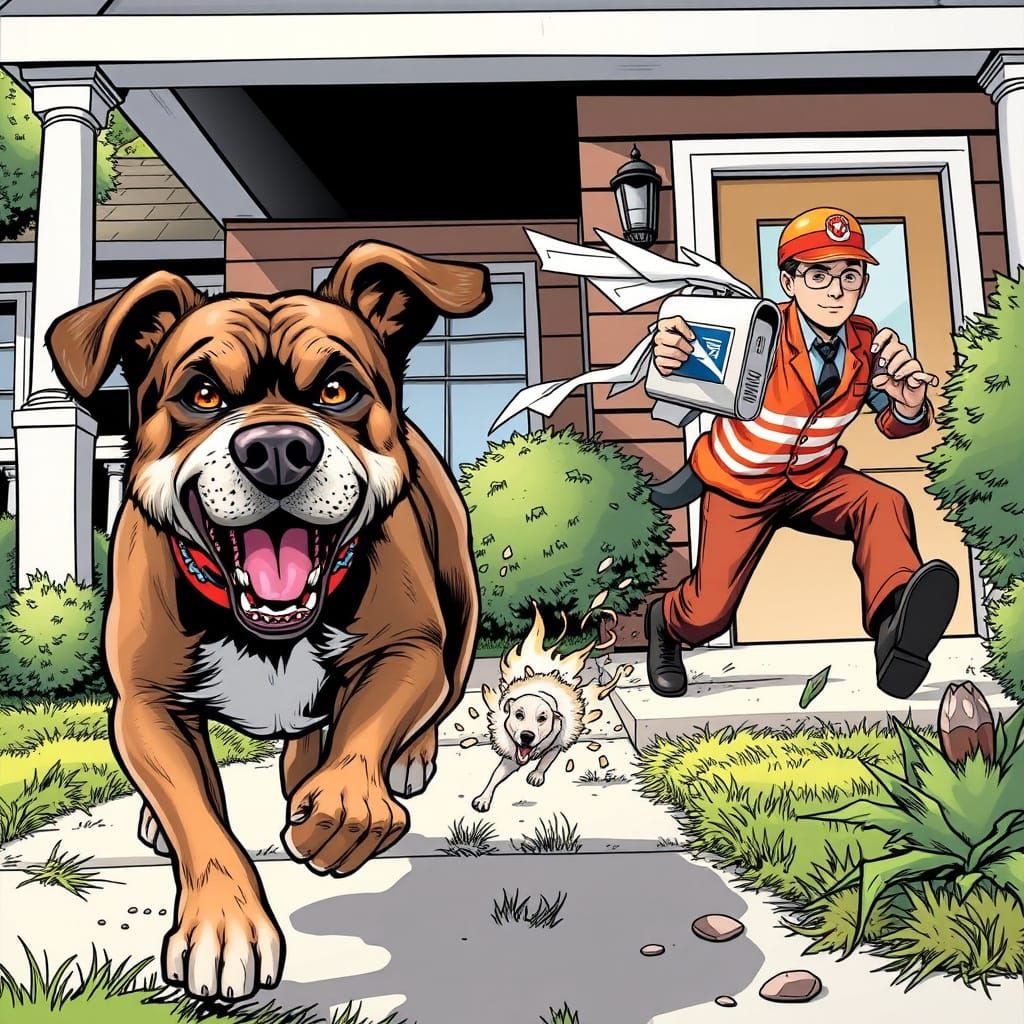 Furious Dog Chases Mailman in Comic Book Style