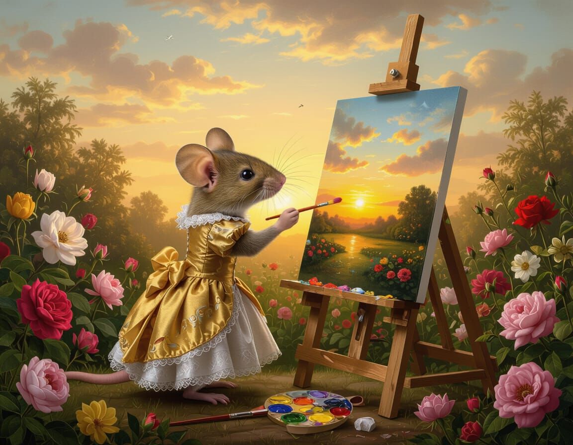Baroque Mouse Painting a Sunrise in Floral Garden