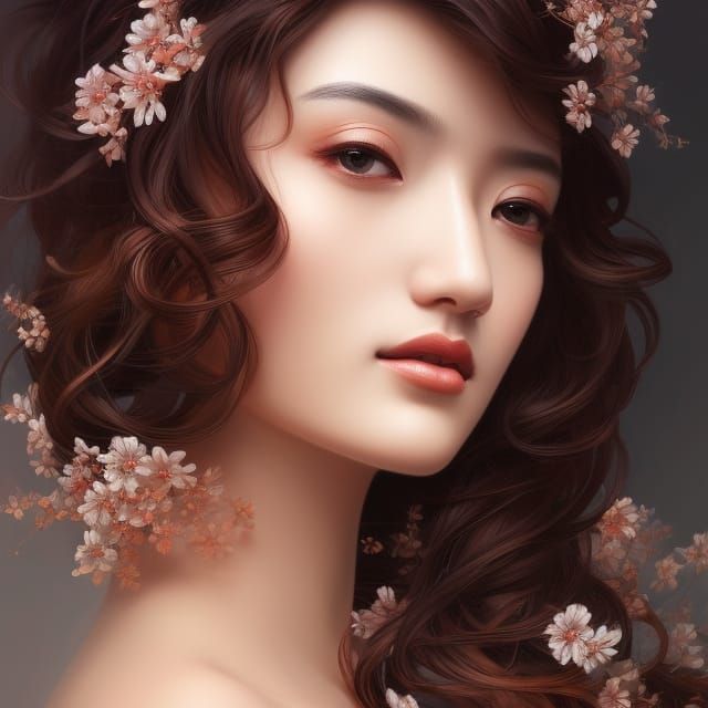 Floral Goddess Portrait in Ukiyo-e Style