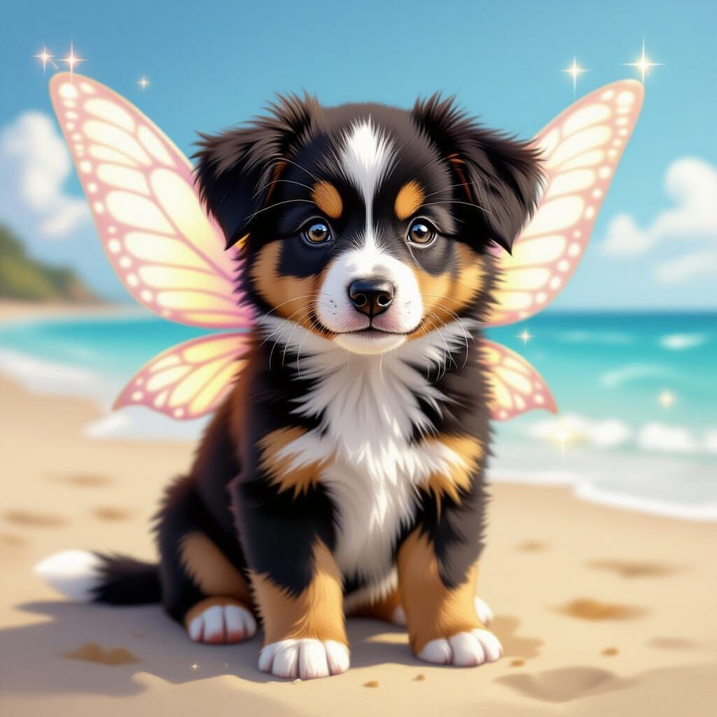 Realistic Portrait of a Fairy Puppy on the Beach