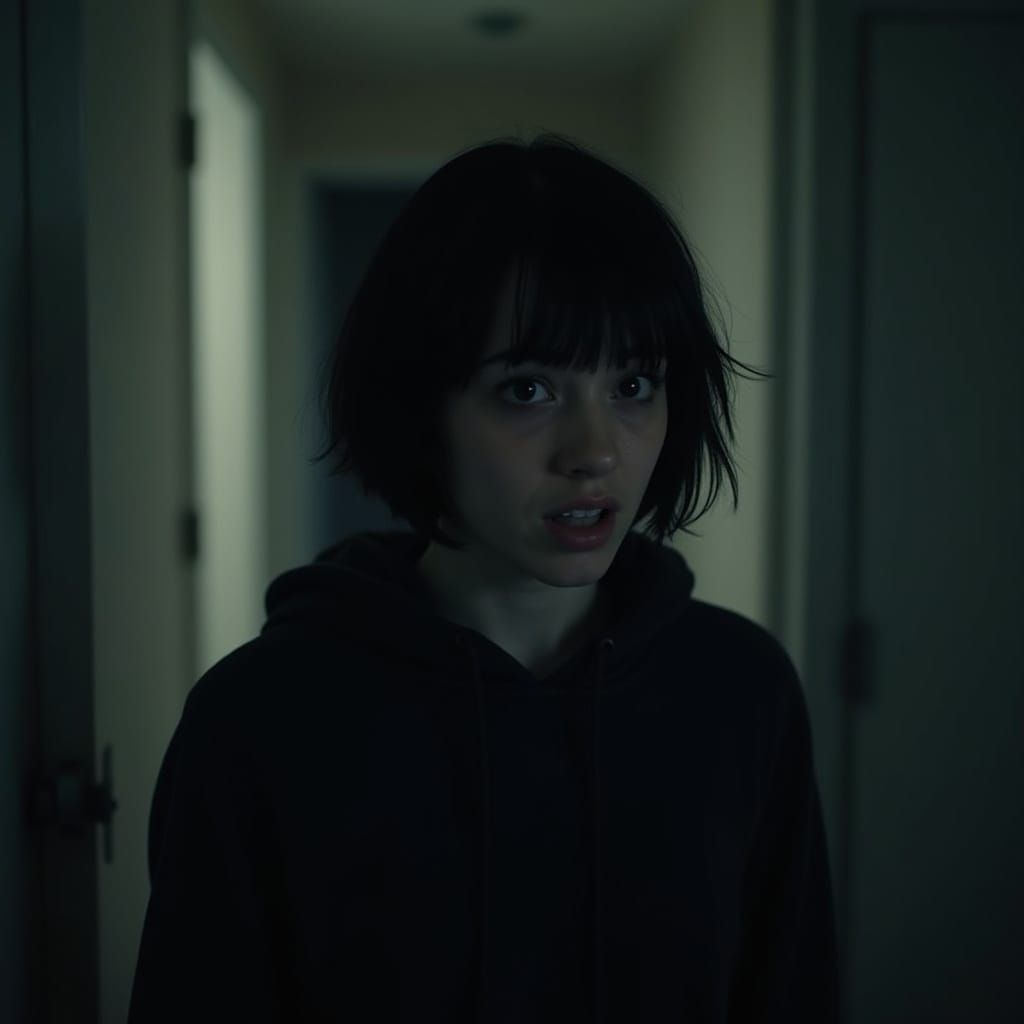 Scared Woman in Dim Apartment with Horror Lighting