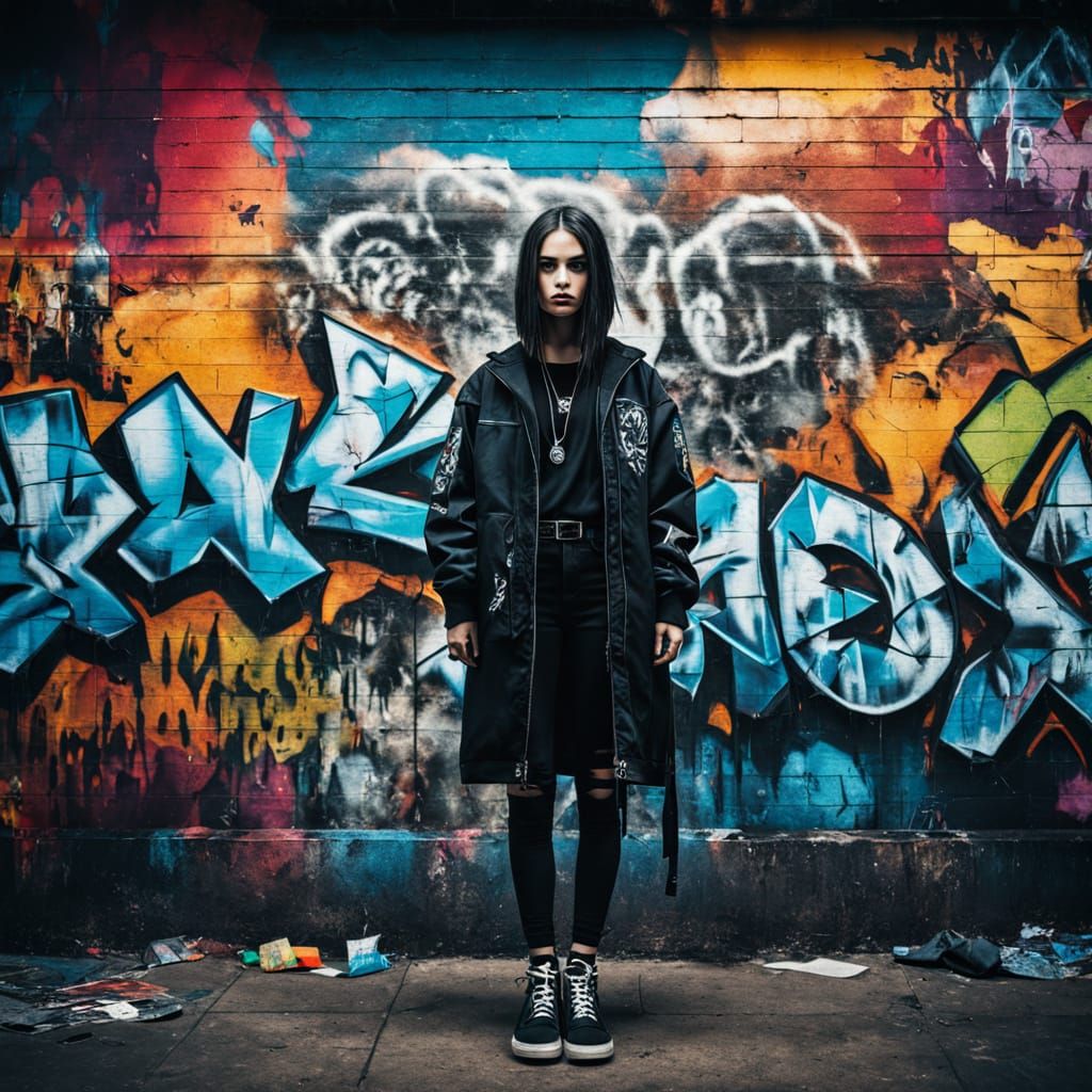Ethereal Grunge Gothic Goddess in Vibrant Graffiti