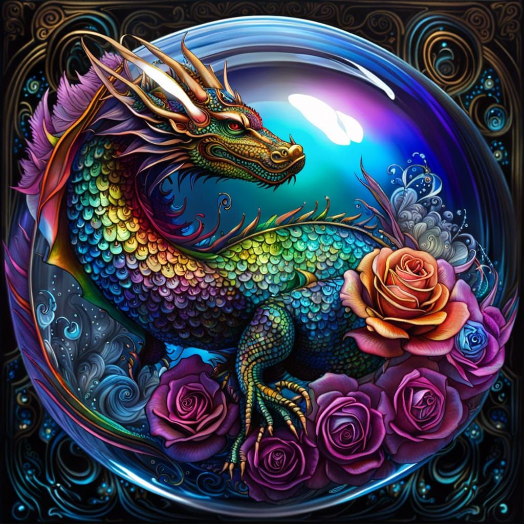 Steampunk Dragon in Icy Rainbow Sphere