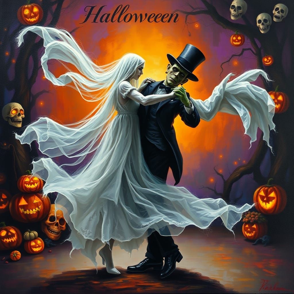 Ghostly Waltz with Frankenstein in Halloween Impasto Style